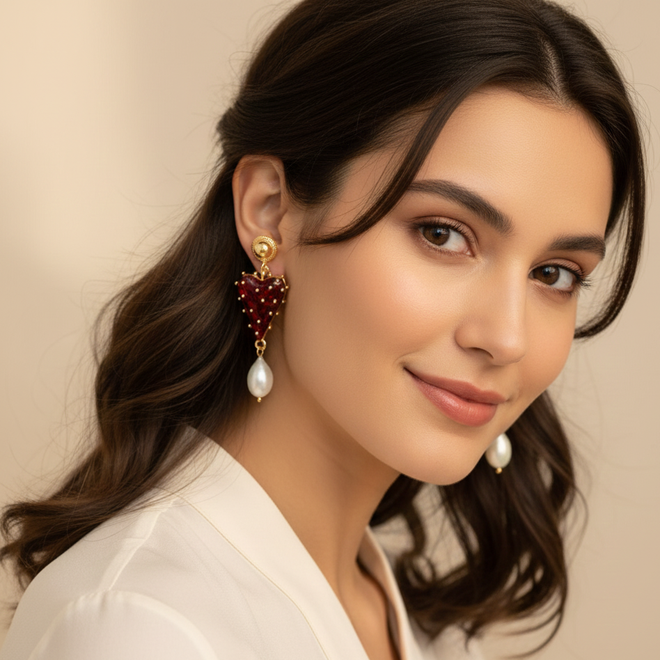 Woman wearing a pair of earrings with a neutral background