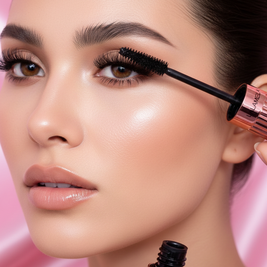 Woman applying mascara with a pink background
