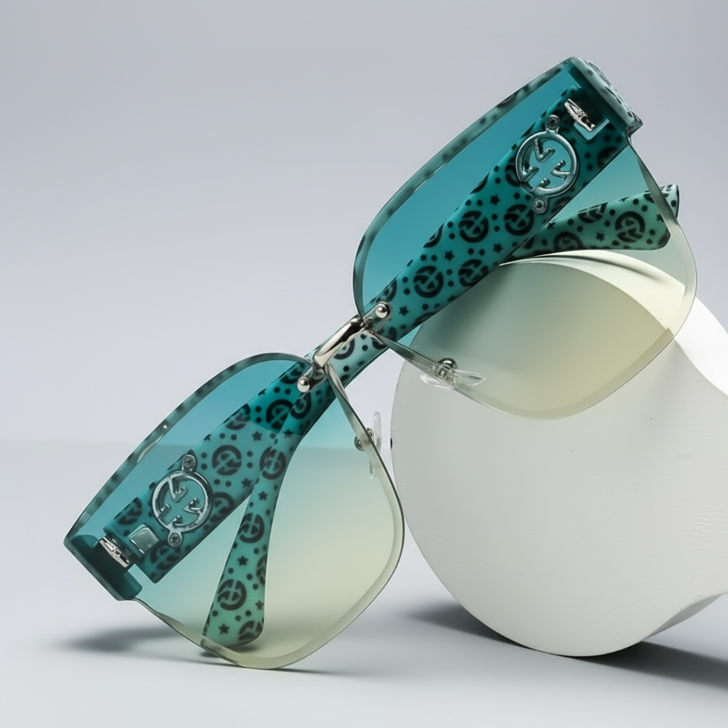 Sunglasses with a blue gradient and black pattern on a light blue and green background