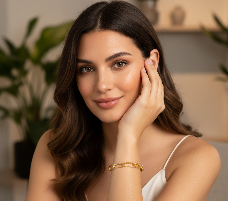 Woman with long brown hair and a gold bracelet in a blurred indoor setting
