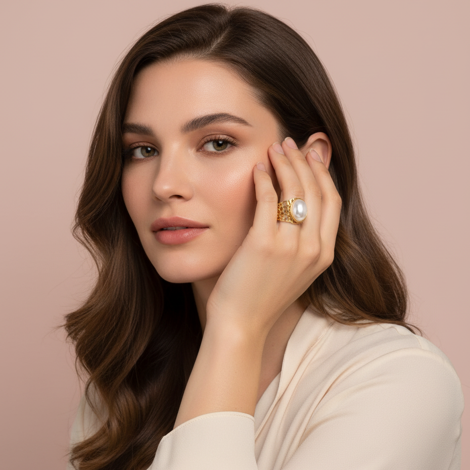 Woman wearing a ring with a pearl on a beige background