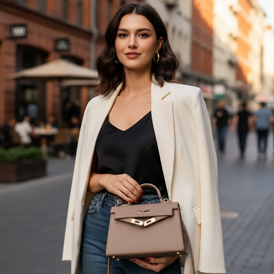 Inspired Kelly Bag, Shoulder Bag Minimal Leather Handbag, Khaki Kelly Bag