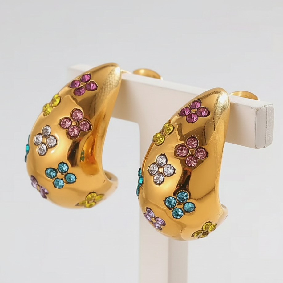 Colorful Rhinestone Flower Water Drop Stainless Steel Earrings