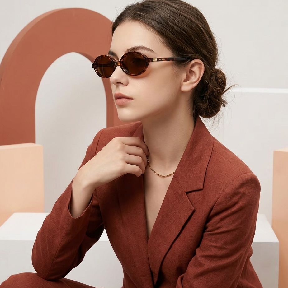 Woman wearing sunglasses and a brown outfit in a modern setting