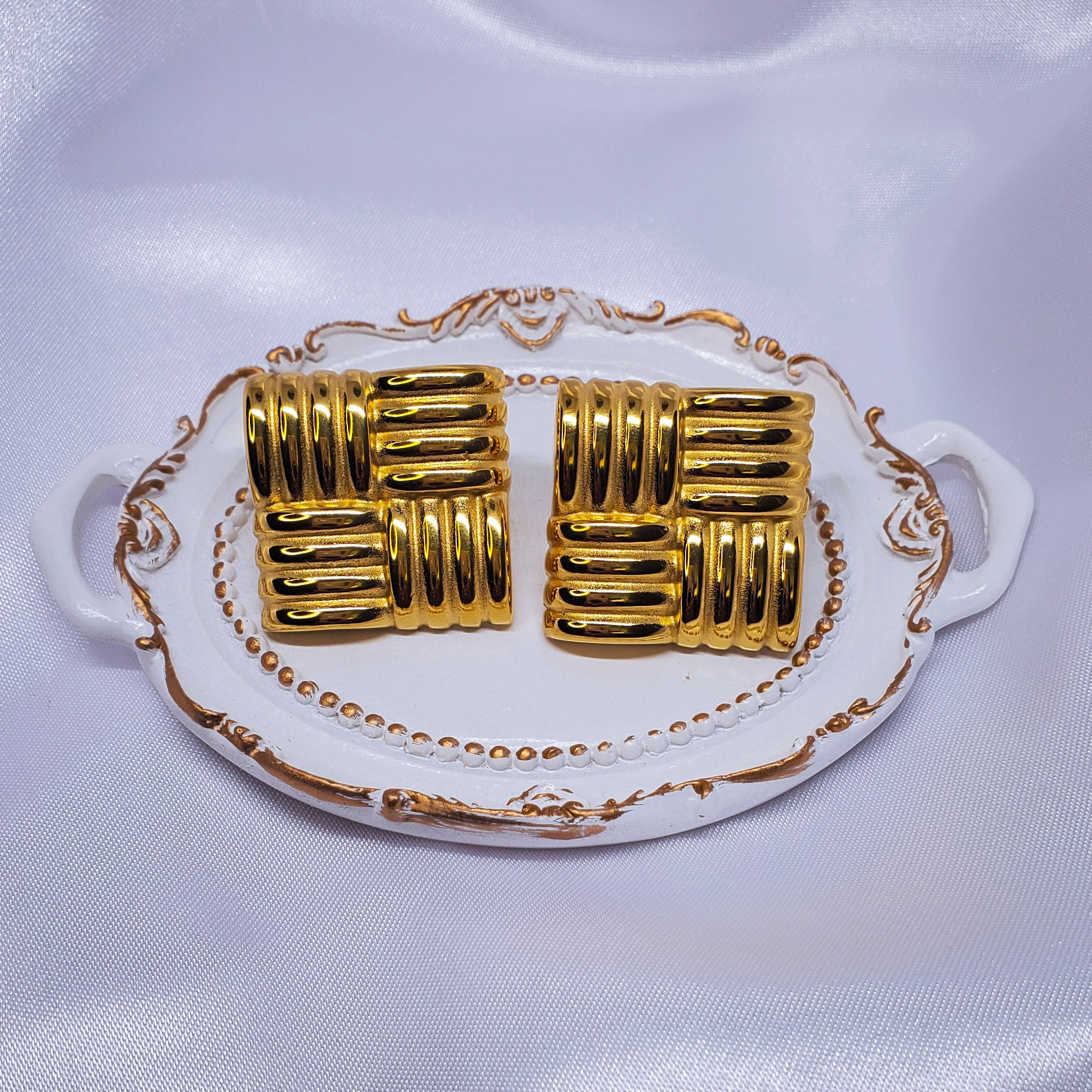 Vintage Square Ribbed Gold and Silver Clip On Earrings