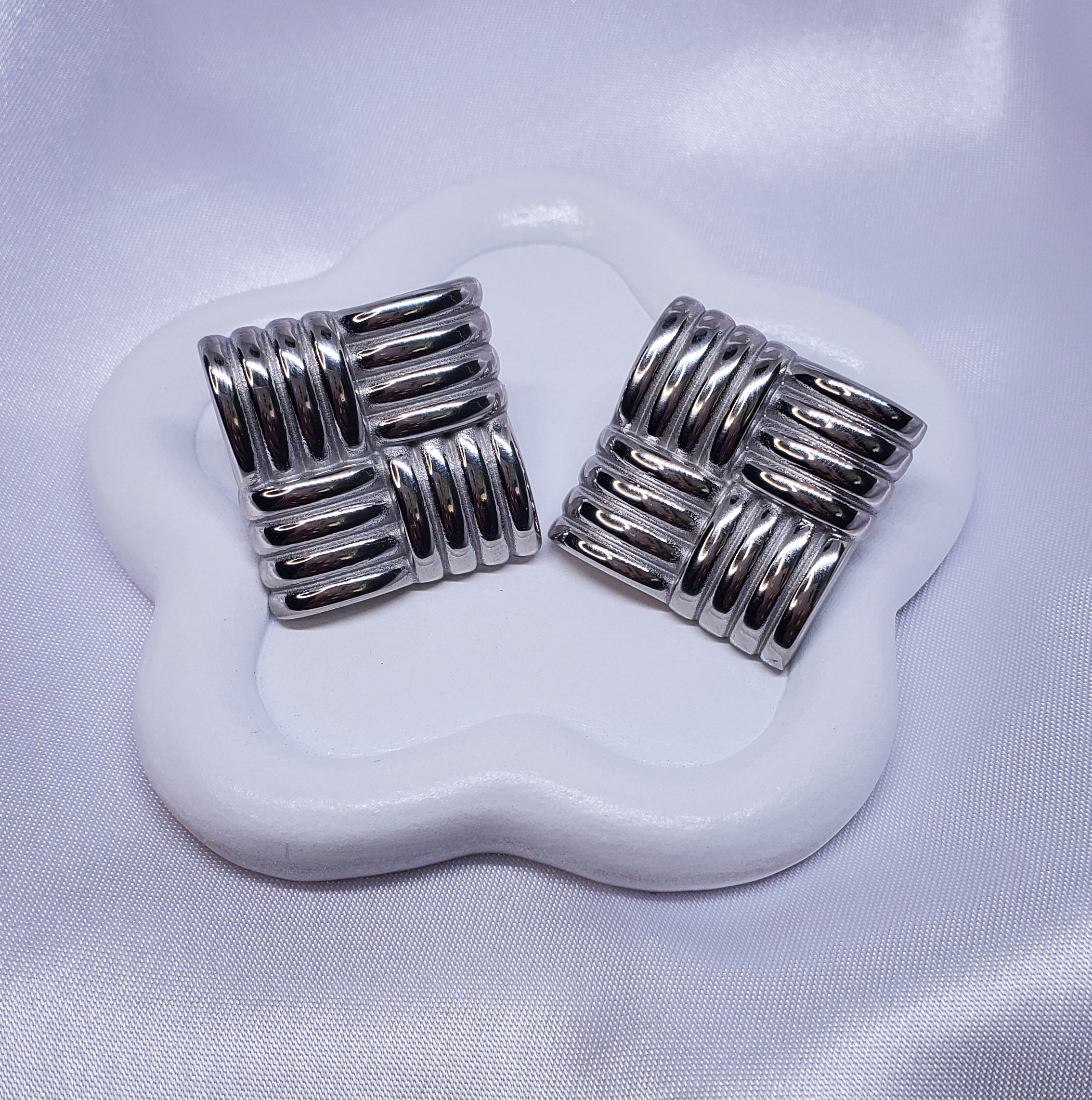 Vintage Square Ribbed Gold and Silver Clip On Earrings