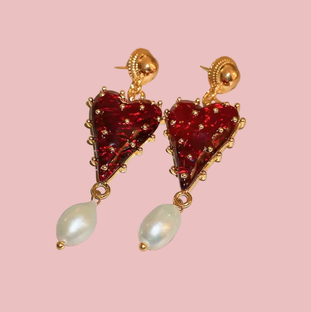 Red Heart Gold Plated Earrings Red Christmas Earrings
