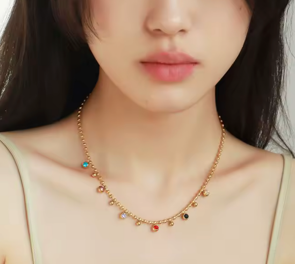 Colorful Balls Necklace Stainless Steel with Zircon