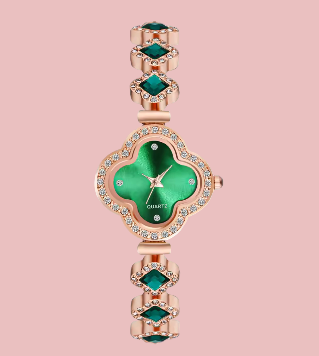 Green watch with rose gold case and band on a white background