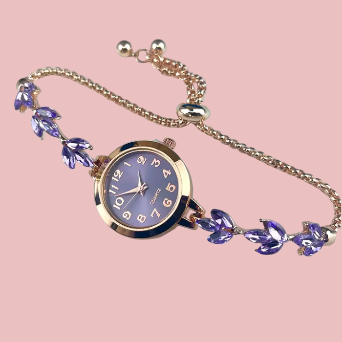 Bracelet watch with purple gemstones on a white background