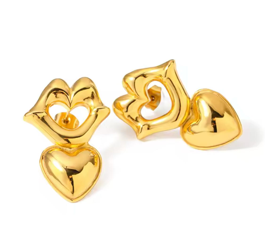 Gold Lip Heart Earrings Vintage Old Money Design Stainless Steel