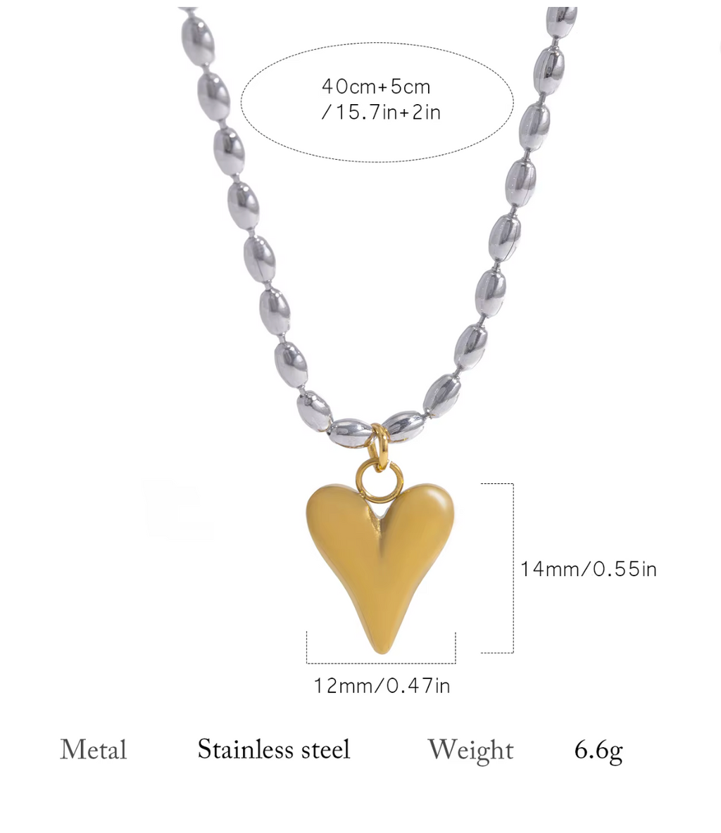 18K Gold Plated Stainless Steel Heart Pendant Bead Chain Necklace