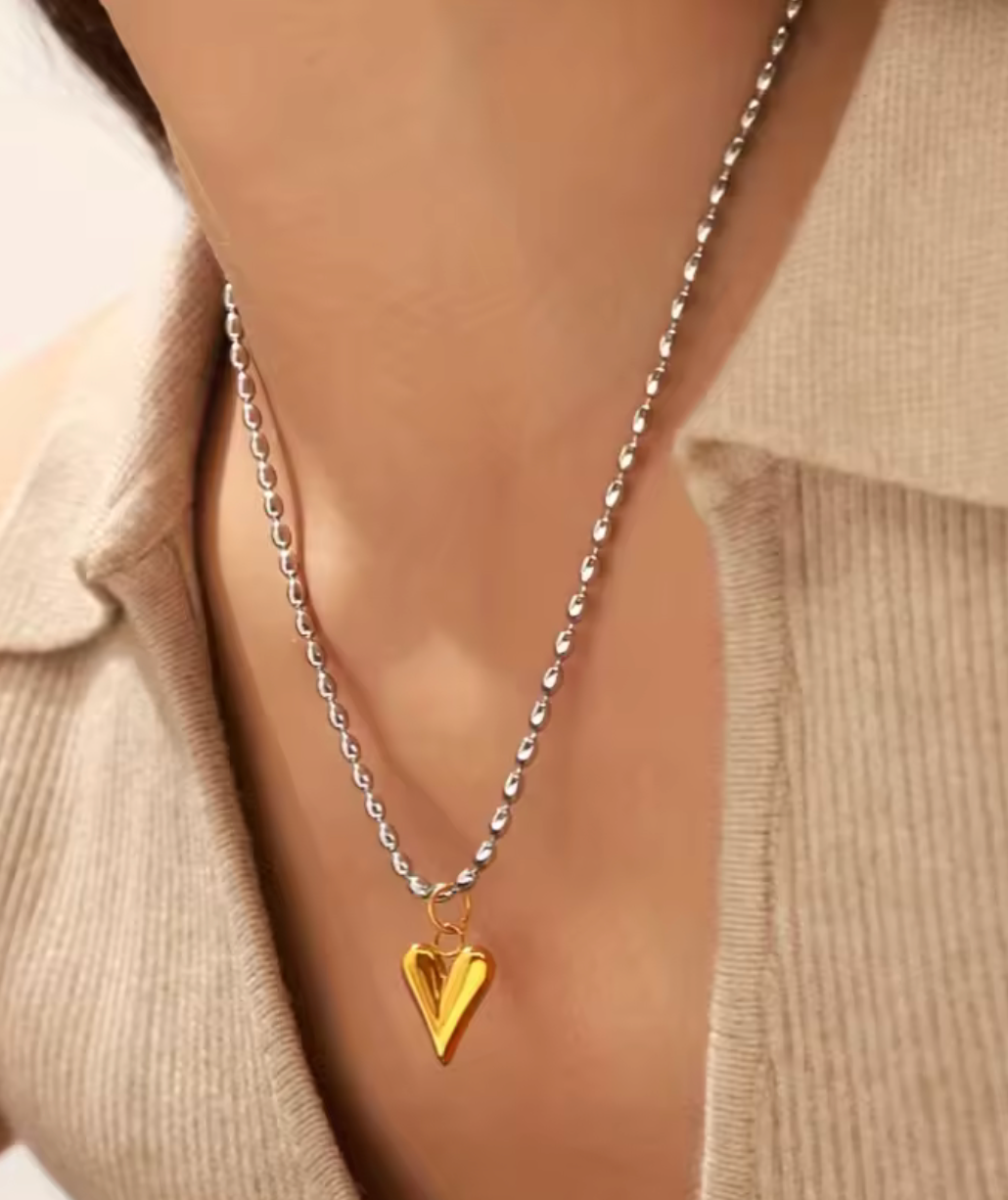 18K Gold Plated Stainless Steel Heart Pendant Bead Chain Necklace