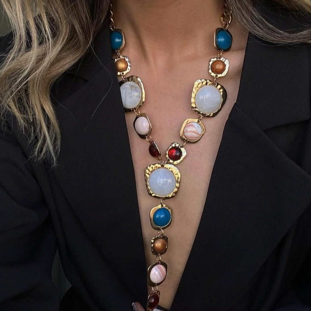 Vintage Multicolor Resin Stone Charm Necklace