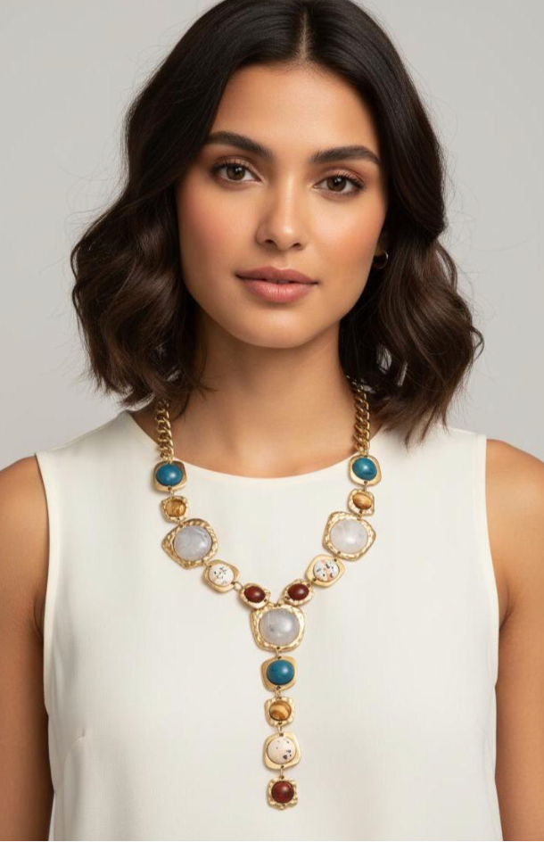 Woman wearing a decorative necklace with a plain background