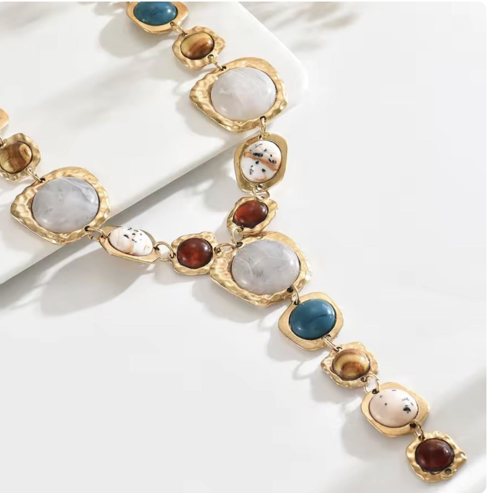 Vintage Multicolor Resin Stone Charm Necklace