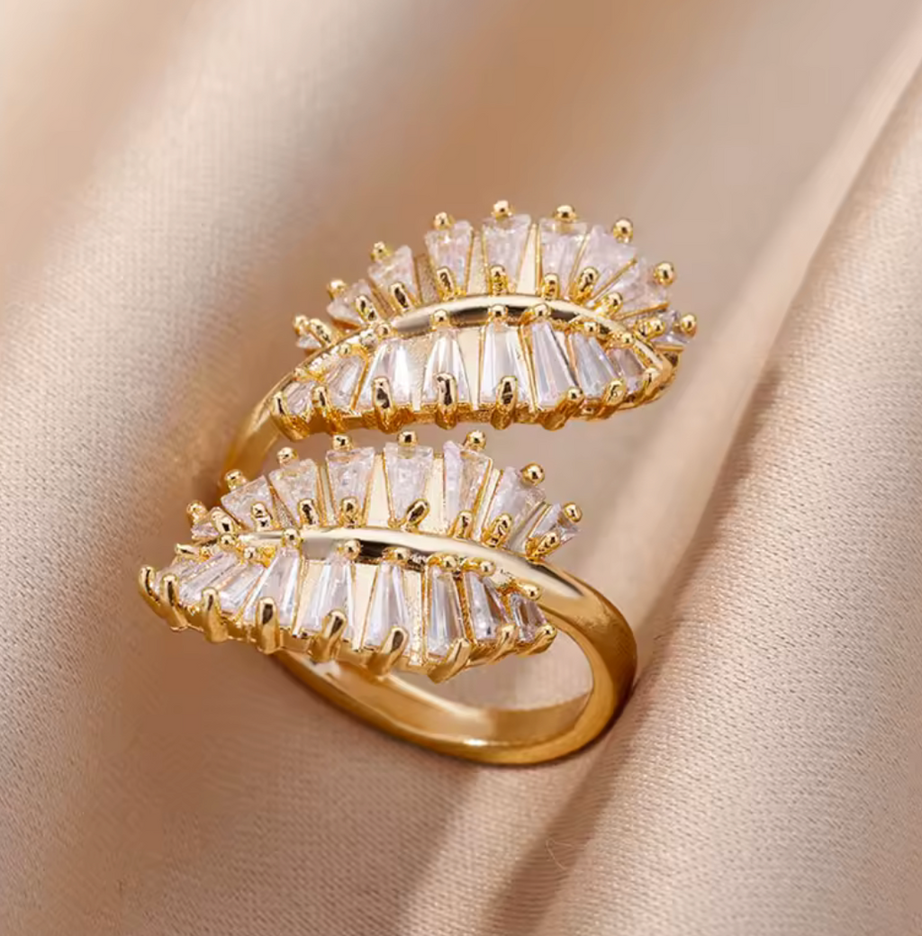 Gold Leaf Bypass Ring with Radiant Baguette Crystals