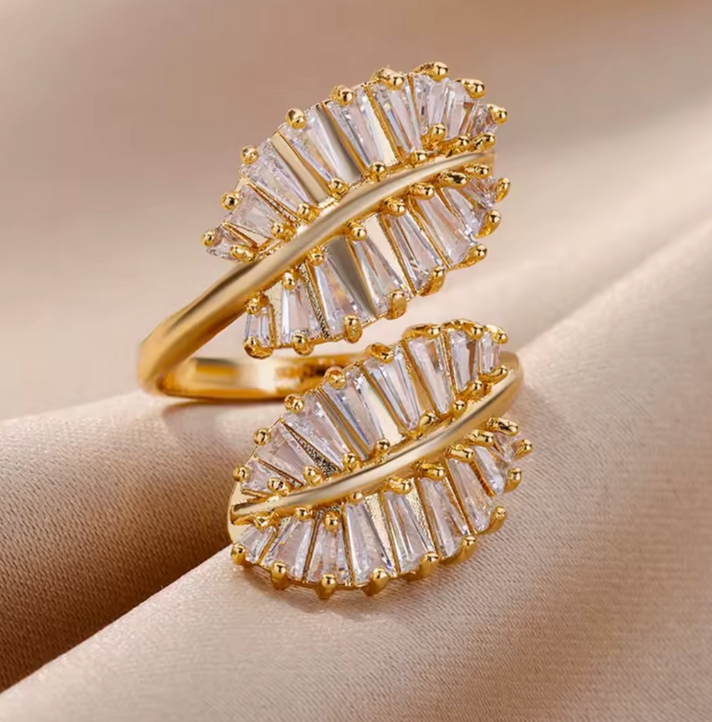 Gold Leaf Bypass Ring with Radiant Baguette Crystals