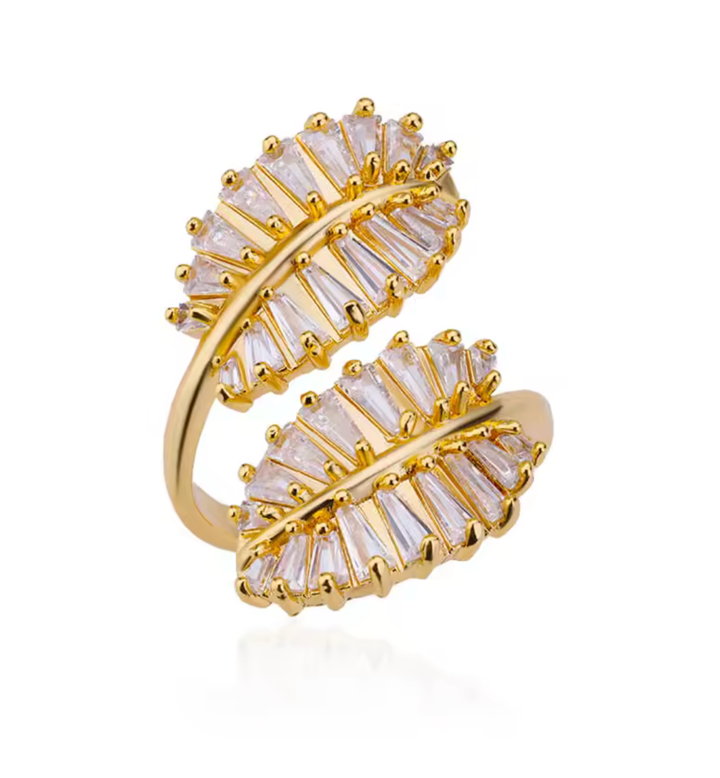 Gold Leaf Bypass Ring with Radiant Baguette Crystals