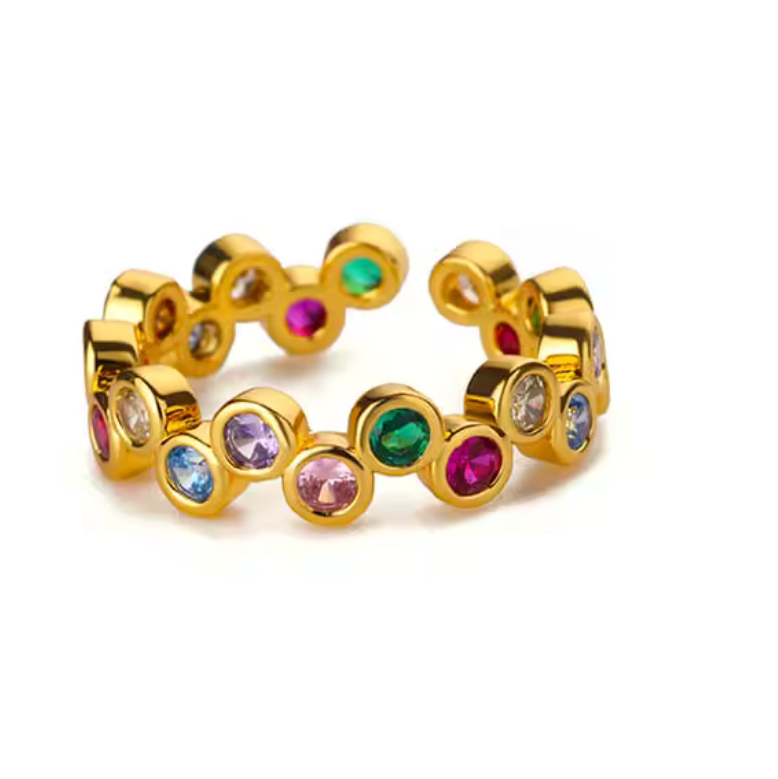 Gold hoop earrings with multicolored gemstones on a white background