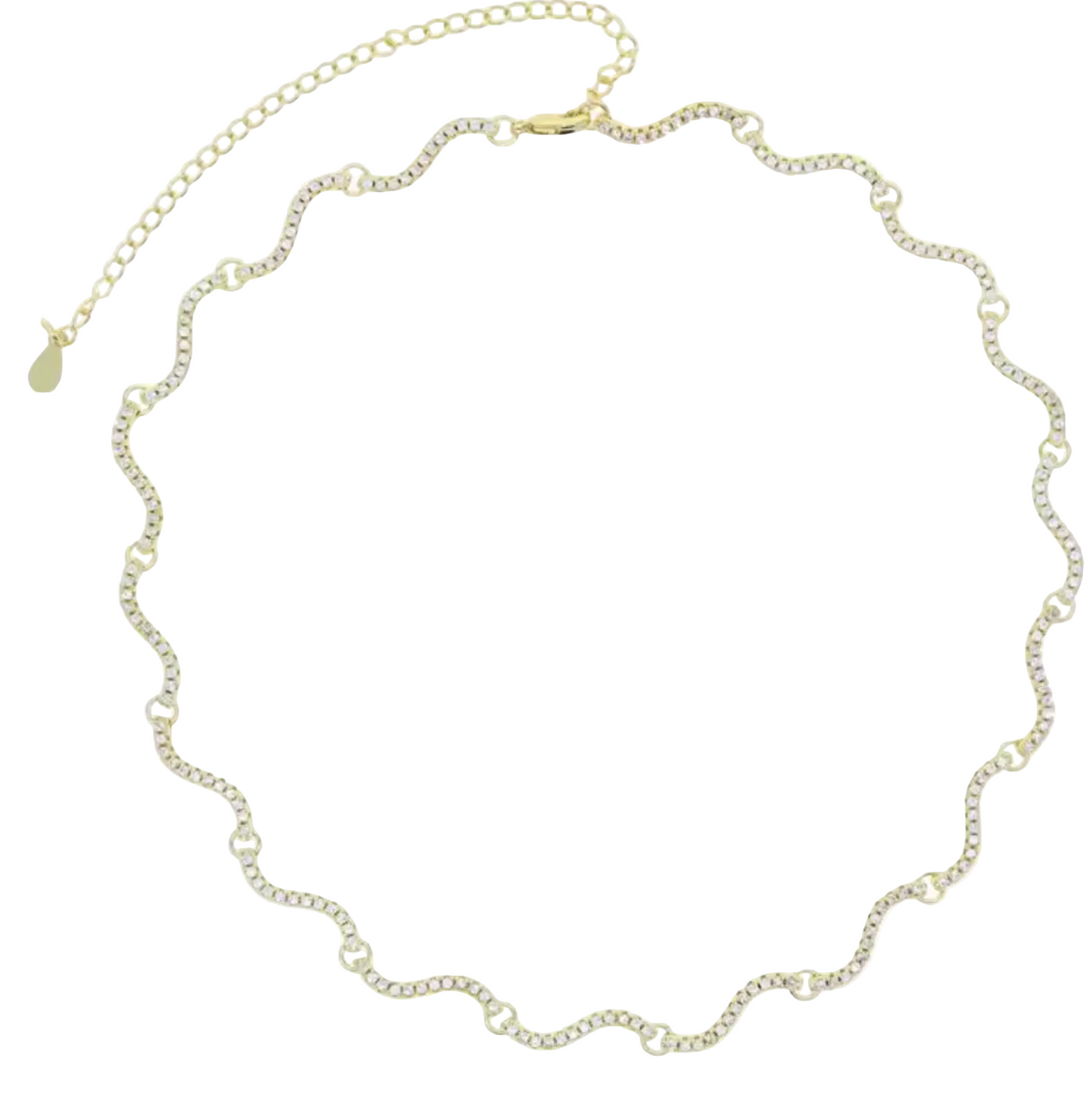 A delicate gold chain necklace with a wavy, scalloped edge design and a small gold tag on the extender chain, displayed on a clean white background.