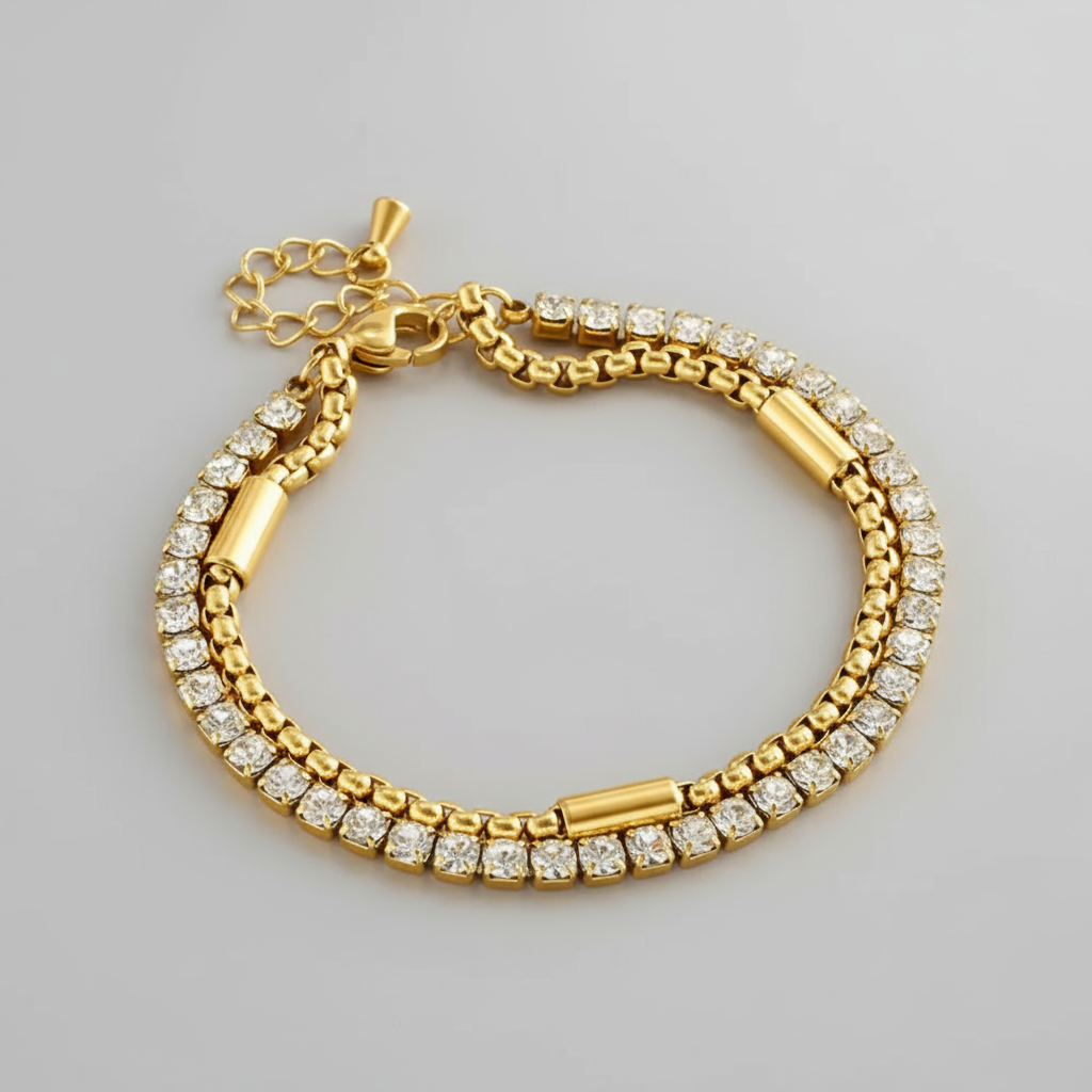 Stainless Steel Double Chain Bracelet Shiny Zircon