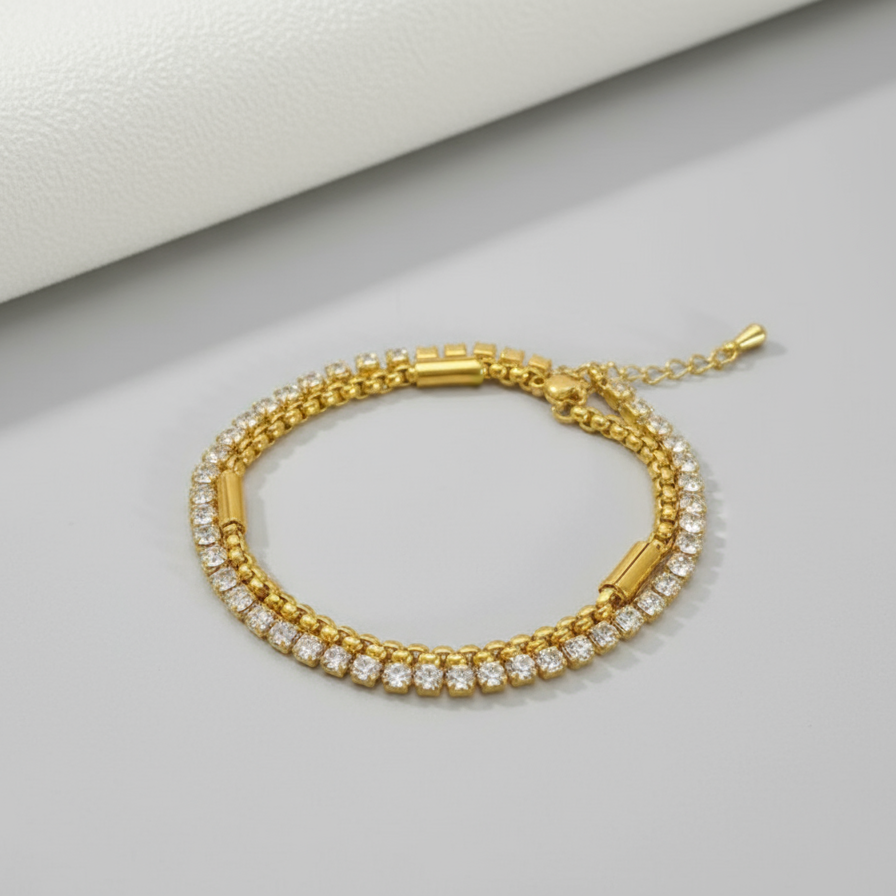 Stainless Steel Double Chain Bracelet Shiny Zircon