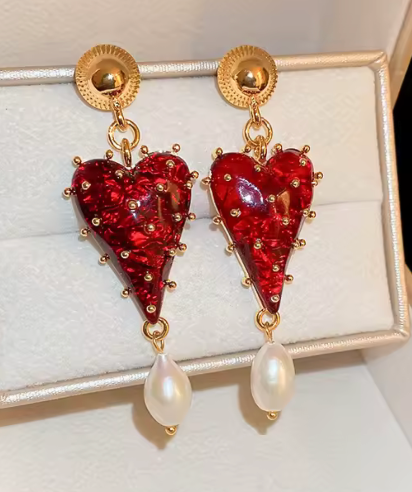 Red Heart Gold Plated Earrings Red Valentines Earrings