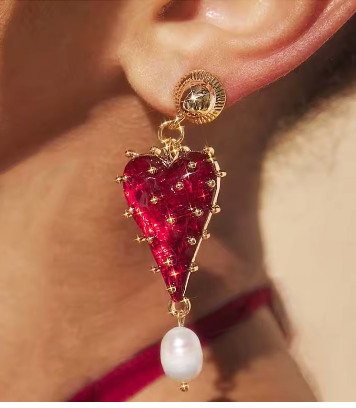 Red Heart Gold Plated Earrings Red Valentines Earrings