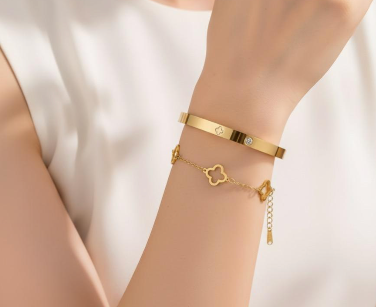 2PCS Clover Bracelet Set Stainless Steel