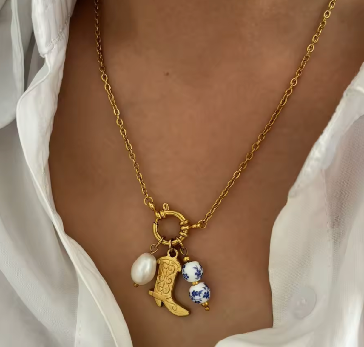 Gold CowGirl Boot Charm Necklace